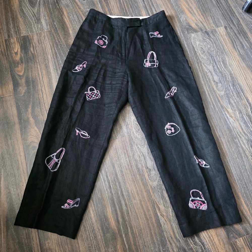 Paraphrase Womens Black 100% Linen Embroidered  Wide Leg Pants Size 6
